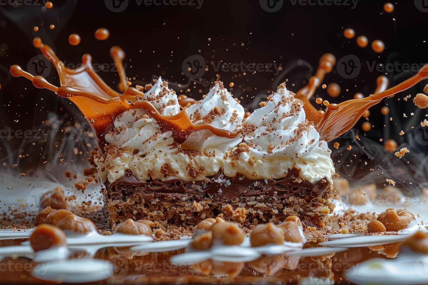 A Chocolate Cake With Whipped Cream Topped With Caramel Sauce and Sprinkles photo