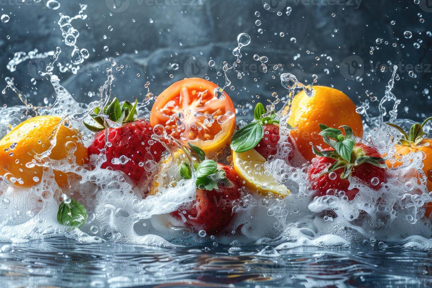 A collection of fresh vegetables submerged in water with bubbles showcasing their freshness and vibrancy photo