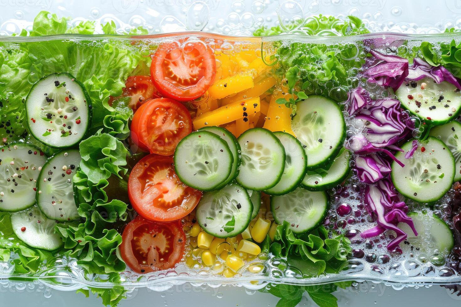 A collection of fresh vegetables submerged in water with bubbles showcasing their freshness and vibrancy photo