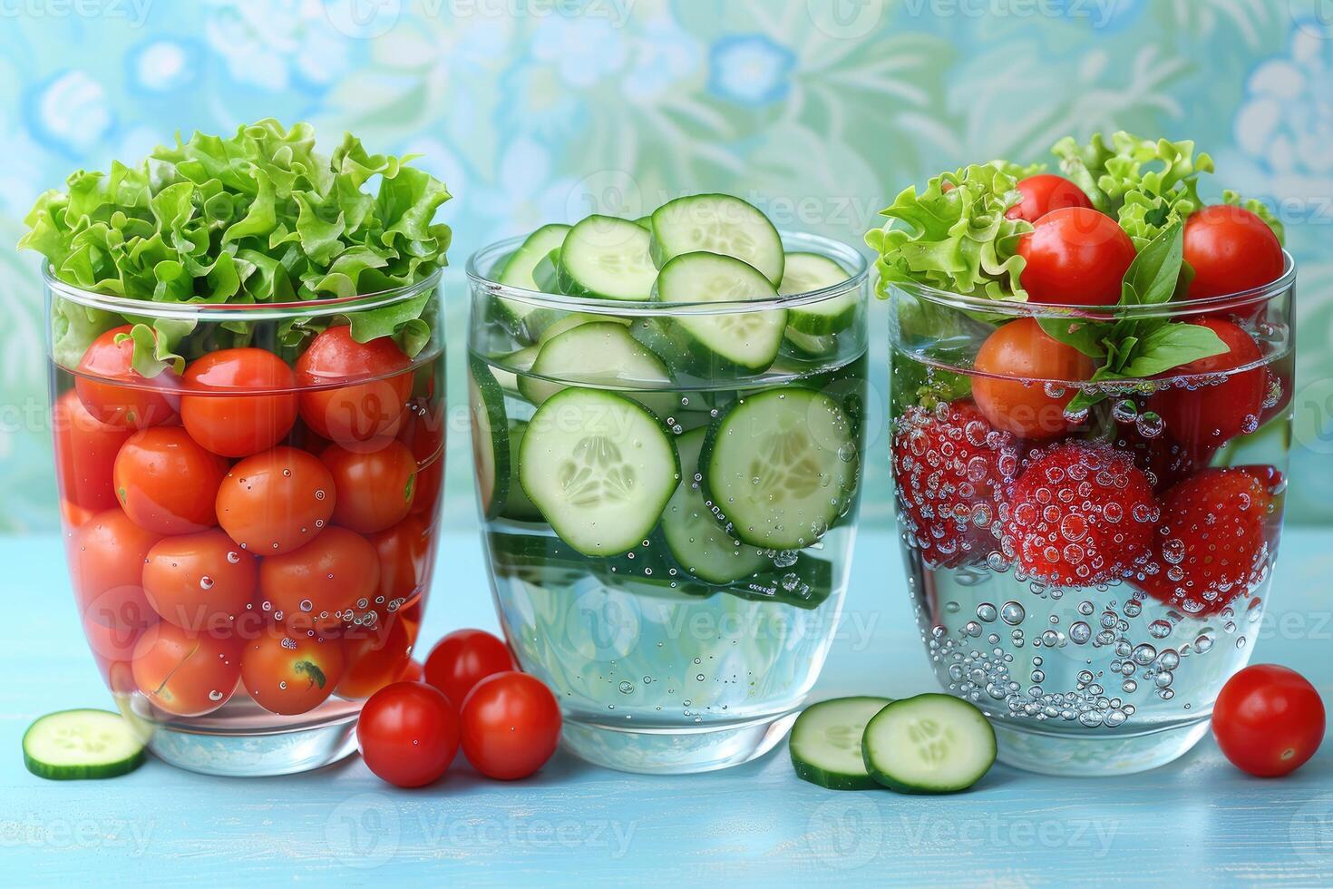 A collection of fresh vegetables submerged in water with bubbles showcasing their freshness and vibrancy photo