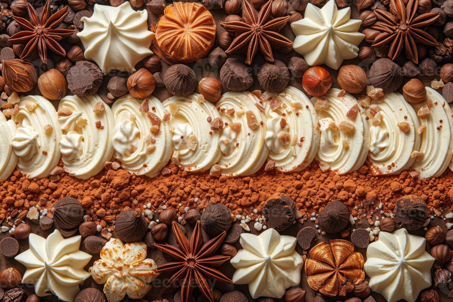 A close up view of a decadent dessert featuring various sweet ingredients and delicate toppings photo