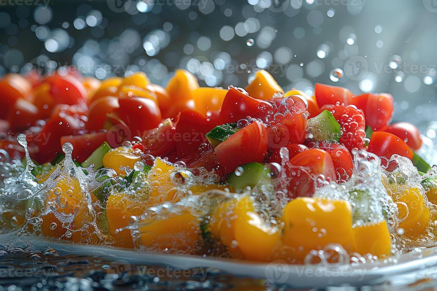 A collection of fresh vegetables submerged in water with bubbles showcasing their freshness and vibrancy photo