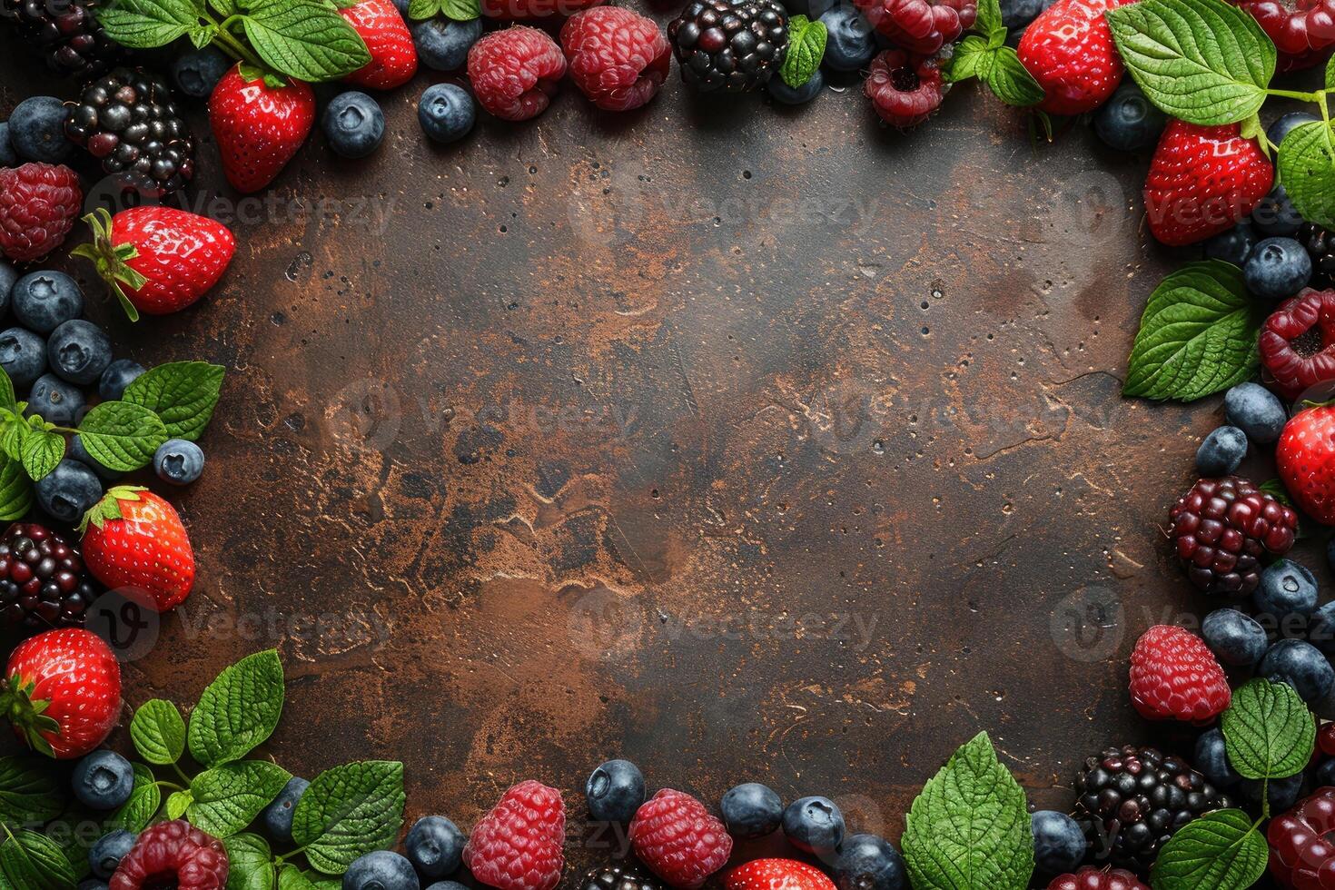 A vibrant mix of fresh berries and mint leaves arranged around a rustic brown background photo