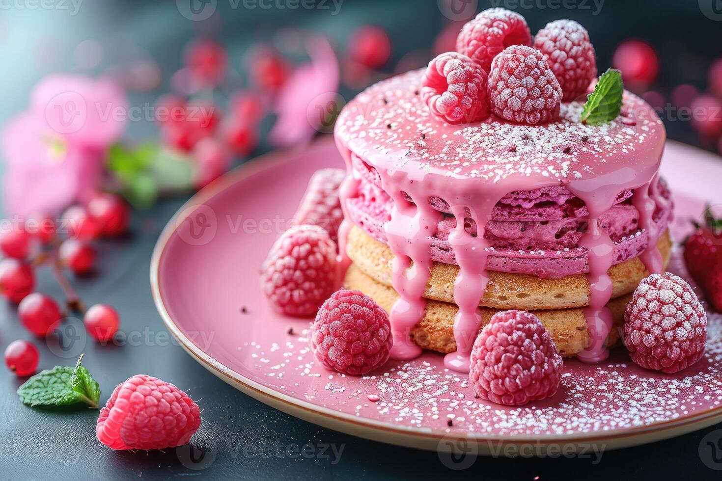 A stack of pink pancakes drizzled with pink sauce and decorated with raspberries and mint photo