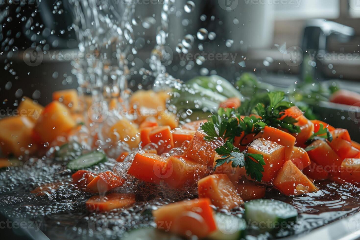 A collection of fresh vegetables submerged in water with bubbles showcasing their freshness and vibrancy photo