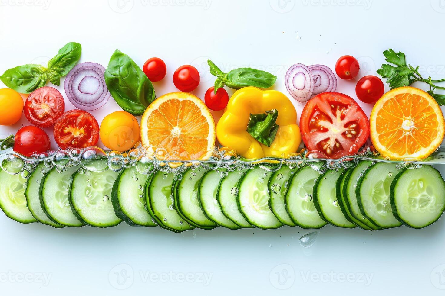 A collection of fresh vegetables submerged in water with bubbles showcasing their freshness and vibrancy photo