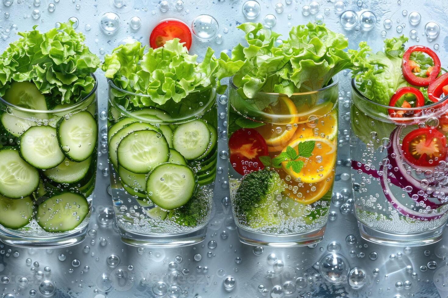 A collection of fresh vegetables submerged in water with bubbles showcasing their freshness and vibrancy photo