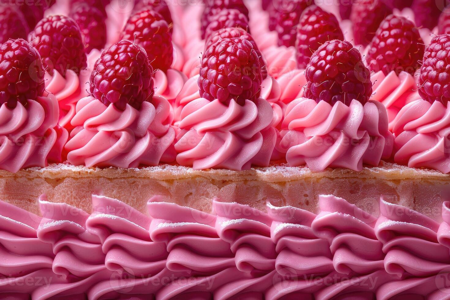 A closeup of a pink cake adorned with plump raspberries and delicate swirls of frosting photo