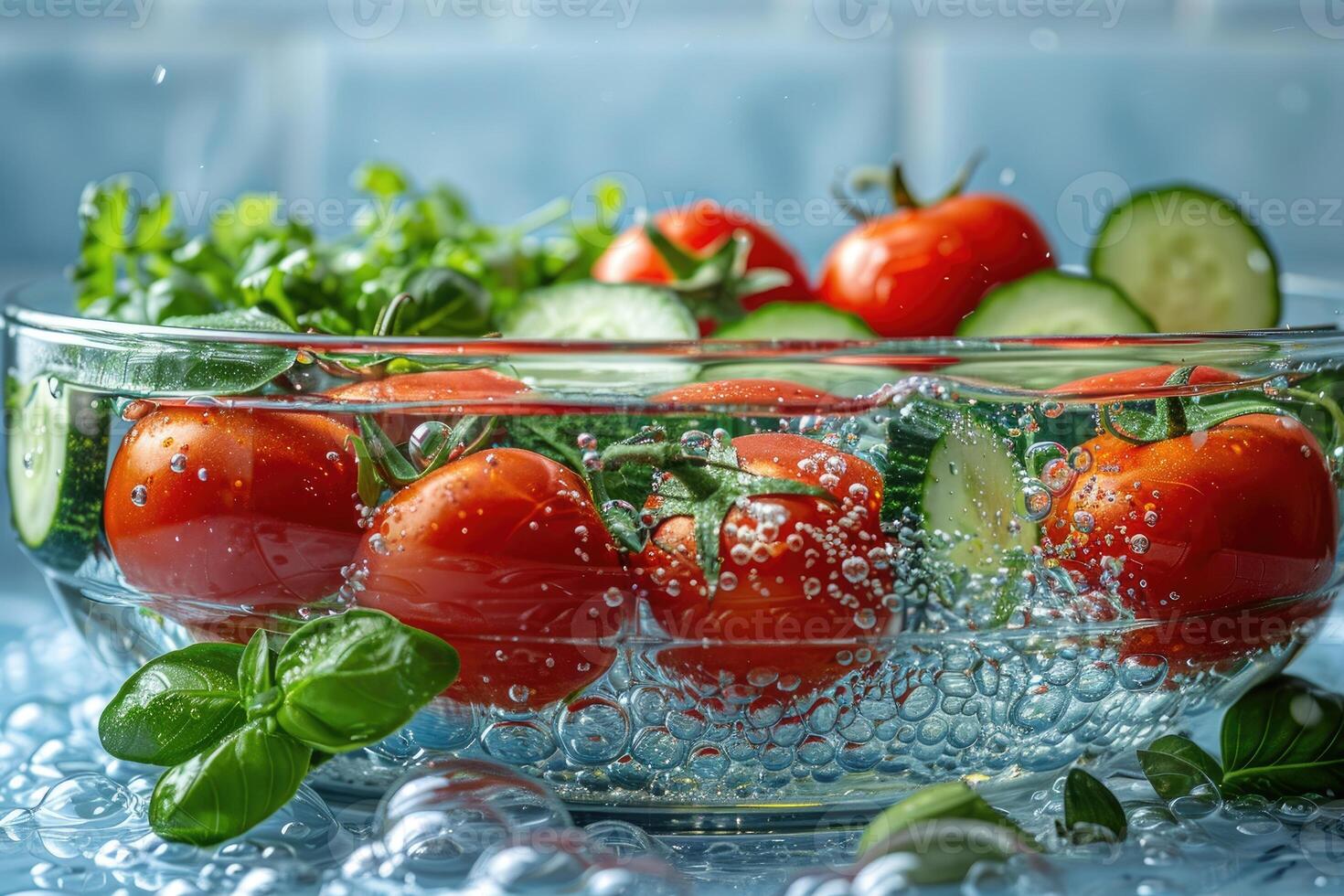 A collection of fresh vegetables submerged in water with bubbles showcasing their freshness and vibrancy photo