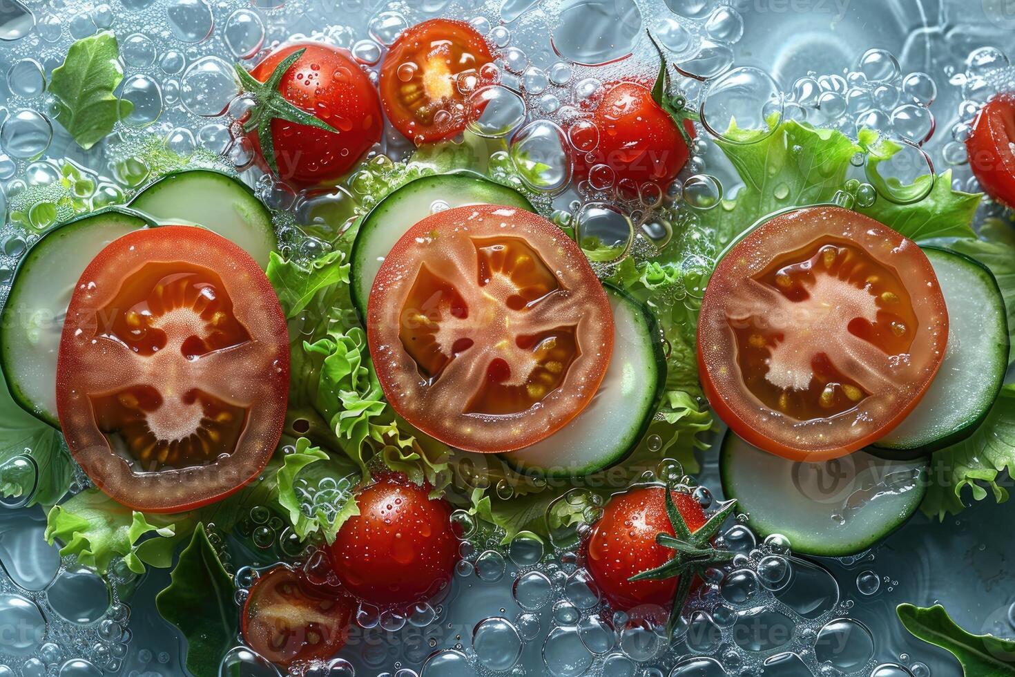 A collection of fresh vegetables submerged in water with bubbles showcasing their freshness and vibrancy photo