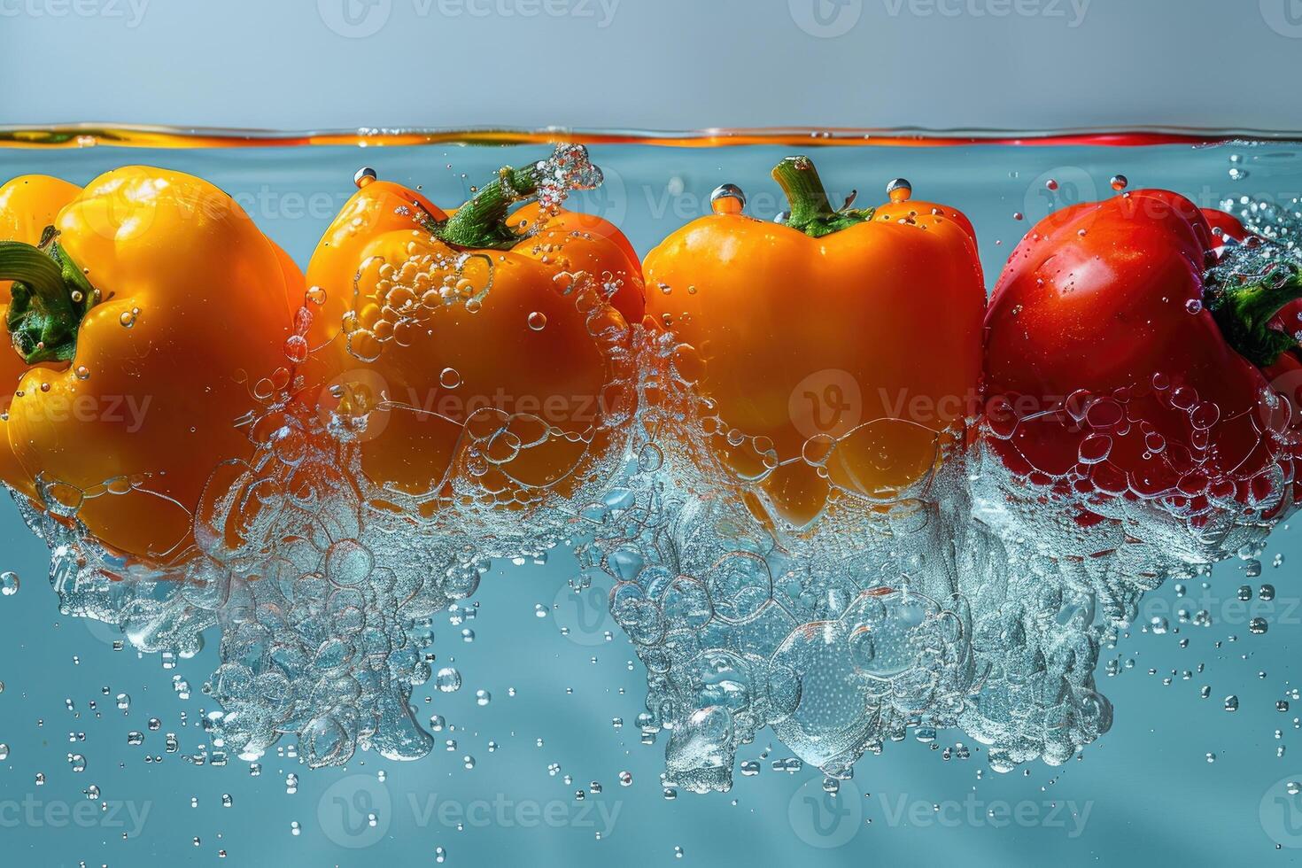 A collection of fresh vegetables submerged in water with bubbles showcasing their freshness and vibrancy photo