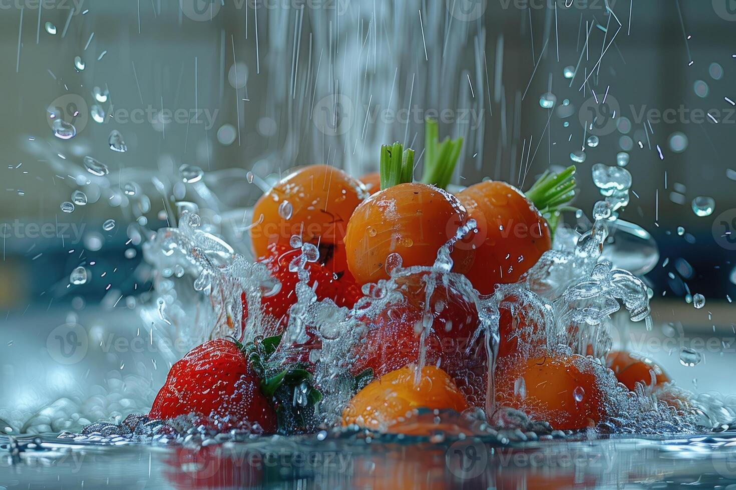 A collection of fresh vegetables submerged in water with bubbles showcasing their freshness and vibrancy photo