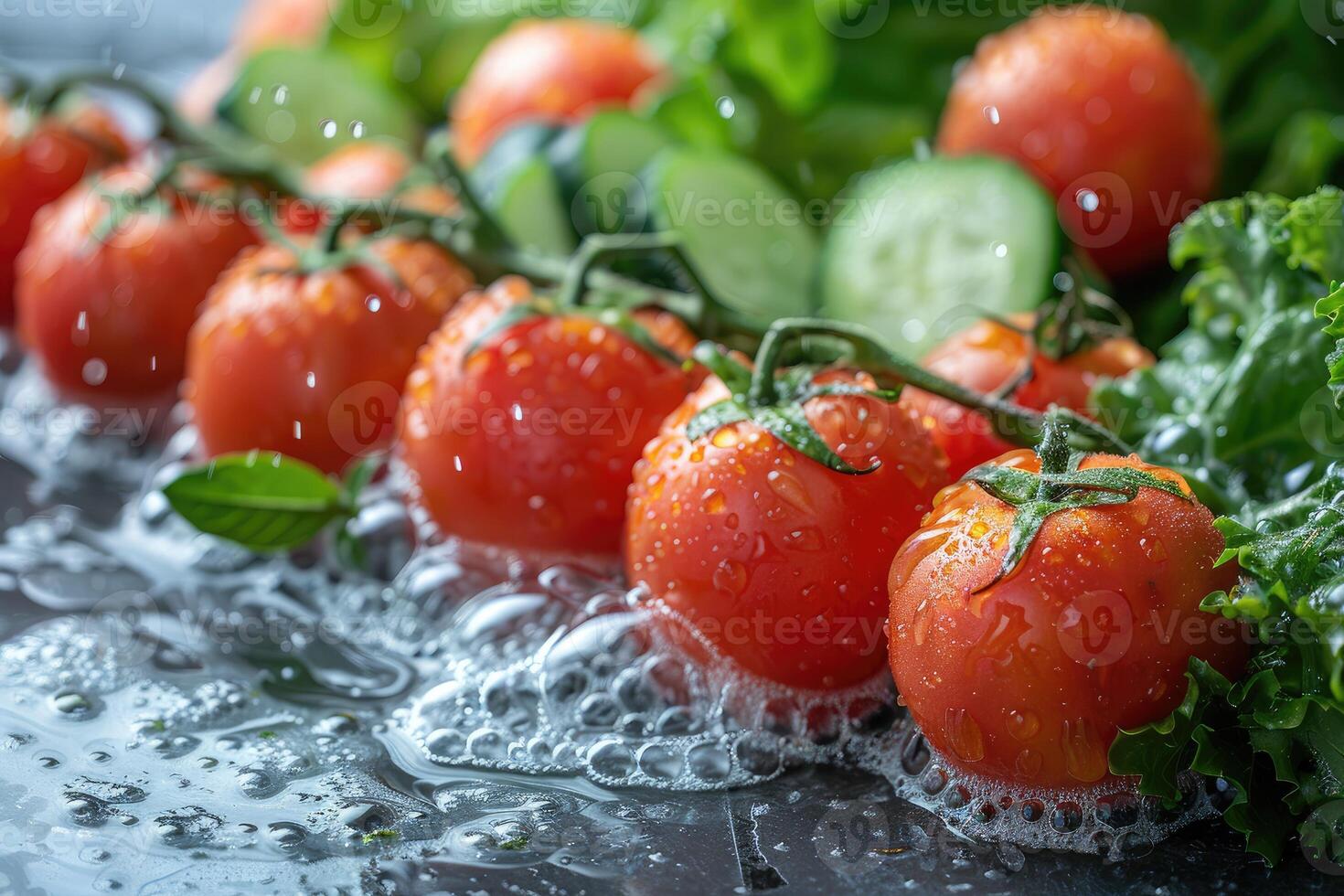 A collection of fresh vegetables submerged in water with bubbles showcasing their freshness and vibrancy photo