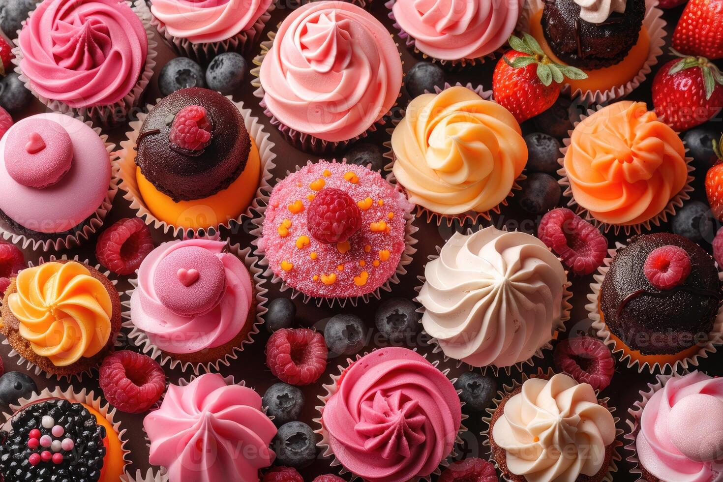 A Close Up of Various Flavors and Decorations of Cupcakes Raspberries and Blueberries Surrounded by Dark Brown Background photo
