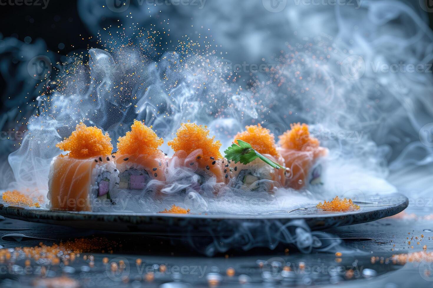 Sushi Rolls Garnished With Orange Caviar Surrounded by White Smoke photo