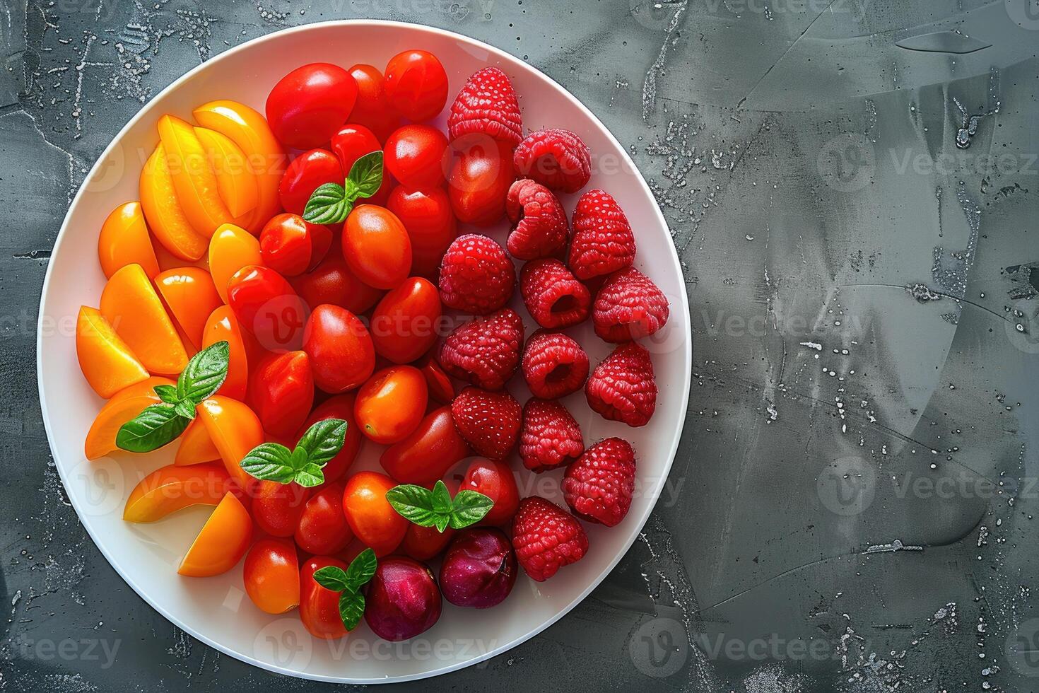 A Plate of Fresh Red and Yellow Fruits with Green Leaves photo