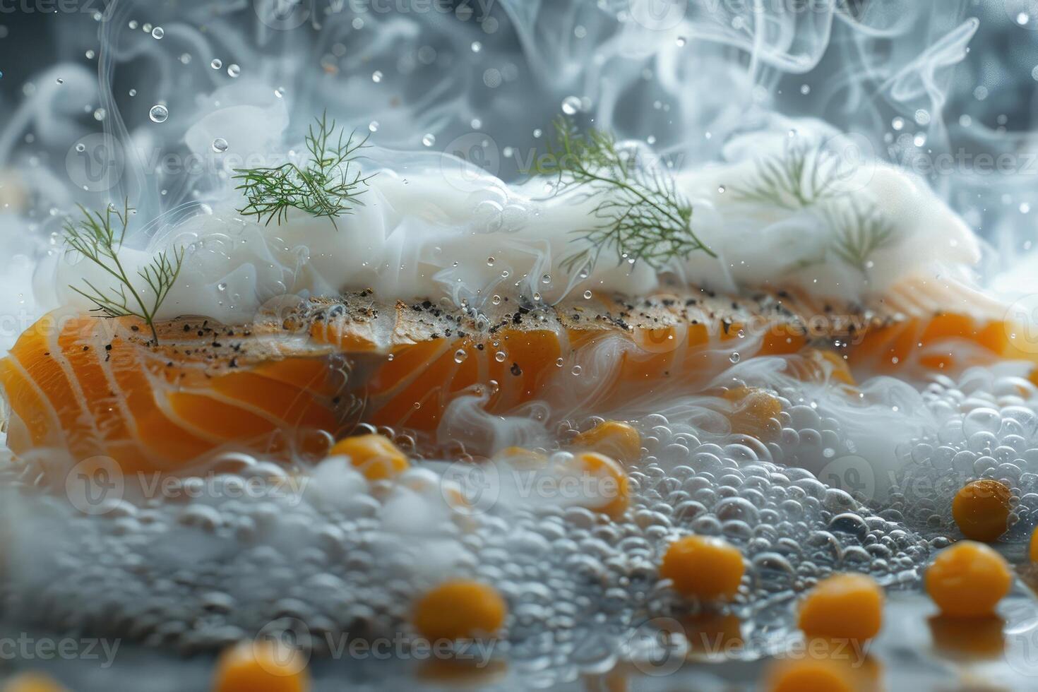 Salmon Fillet Surrounded by Smoke and Bubbles photo