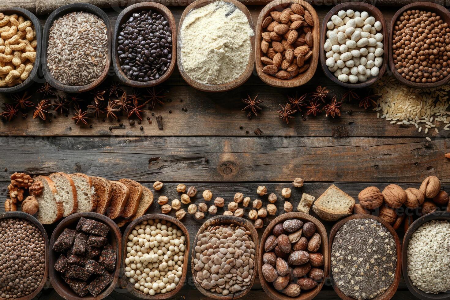A delectable spread of various nuts seeds grains and spices arranged in wooden bowls on a rustic wooden table photo