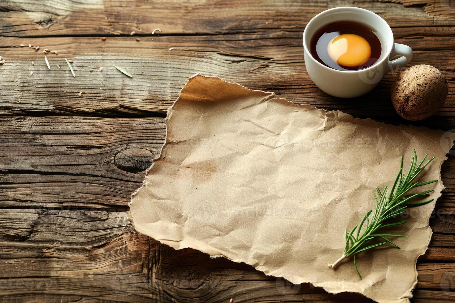Rustic table with rosemary teacup with egg and old paper photo