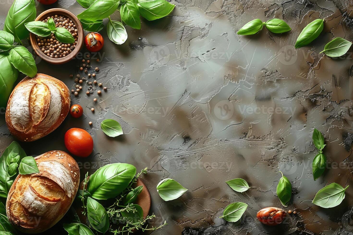Rustic still life of fresh organic basil leaves tomatoes and artisan bread on a dark stone table photo