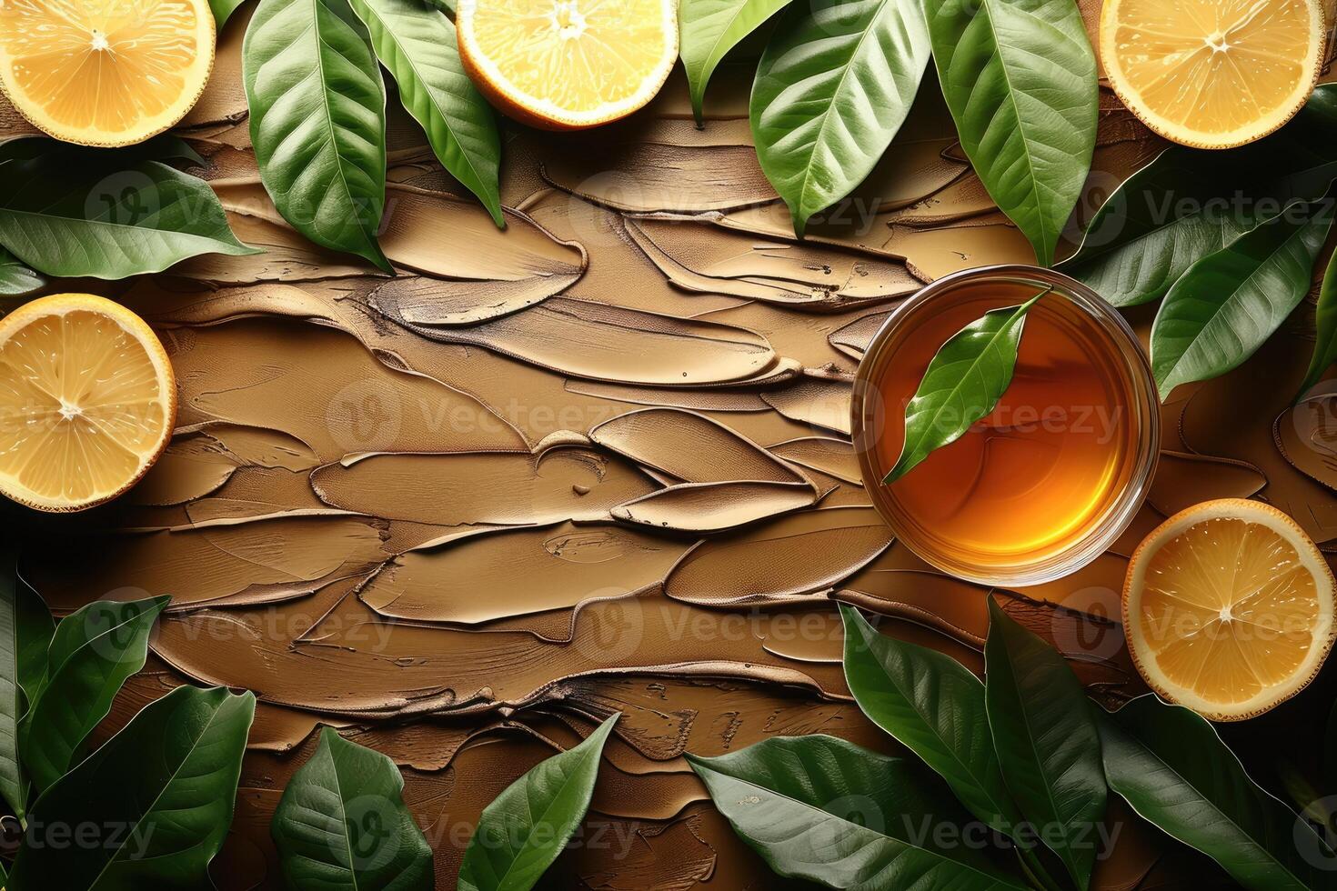 Refreshing citrus green tea with lemon slices and leaves on textured background photo