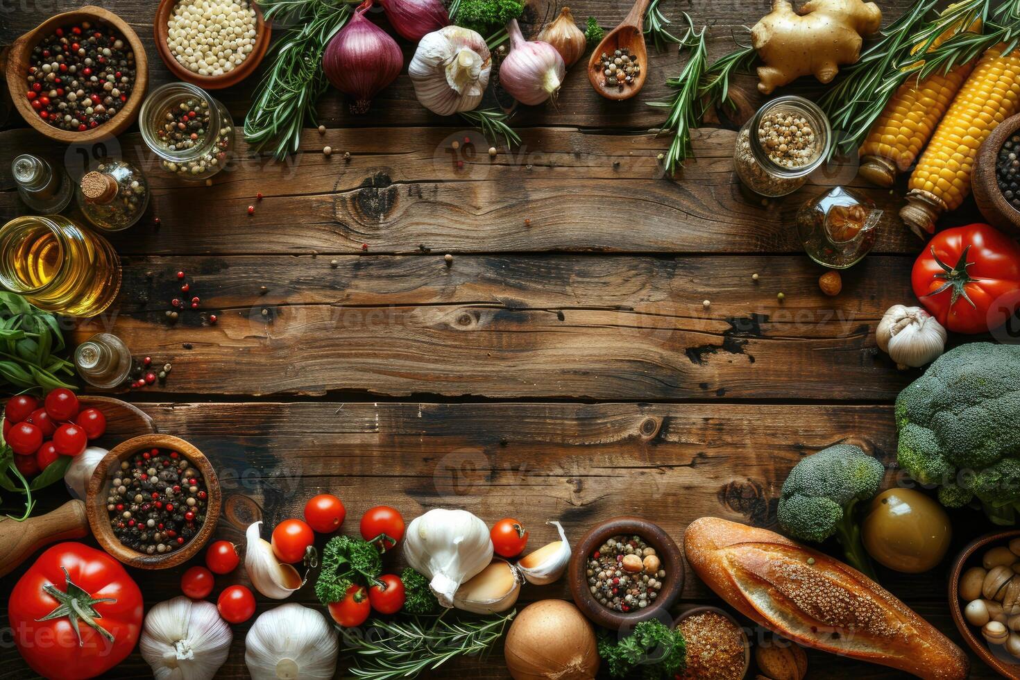 Rustic wooden table with variety of fresh vegetables herbs spices and bread ingredients photo