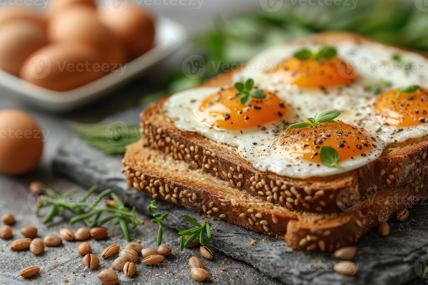Scrumptious openfaced sandwich with fried eggs and herbs photo