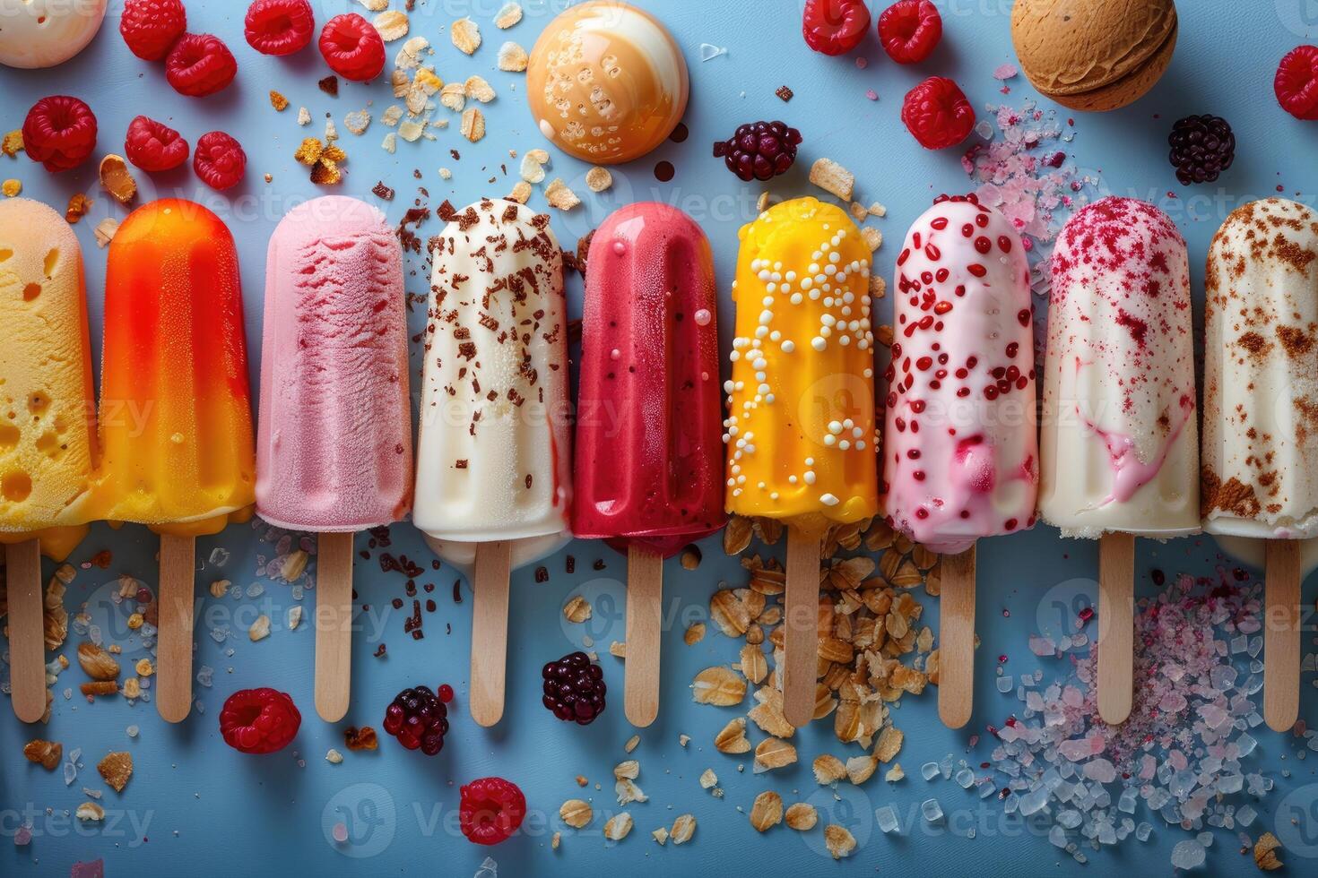 Popsicles in a colorful variety of flavors and toppings on a blue background photo