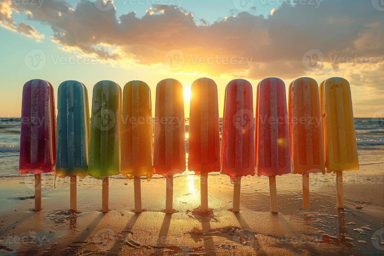 Popsicles melting in the setting sun on a beach photo