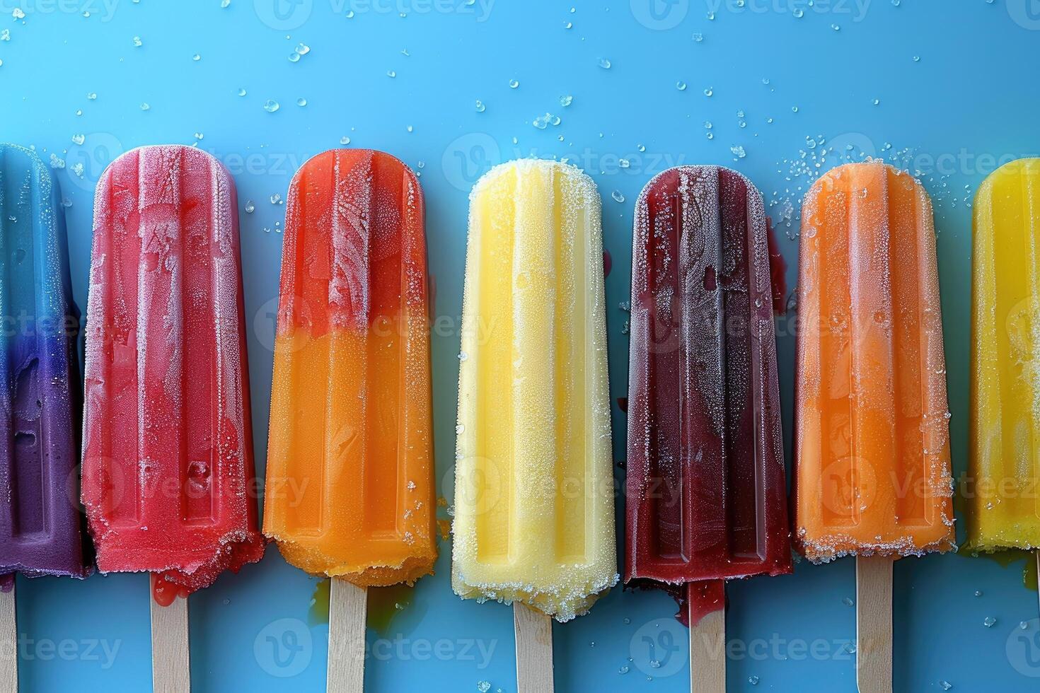 Colorful popsicles melting on a blue background photo