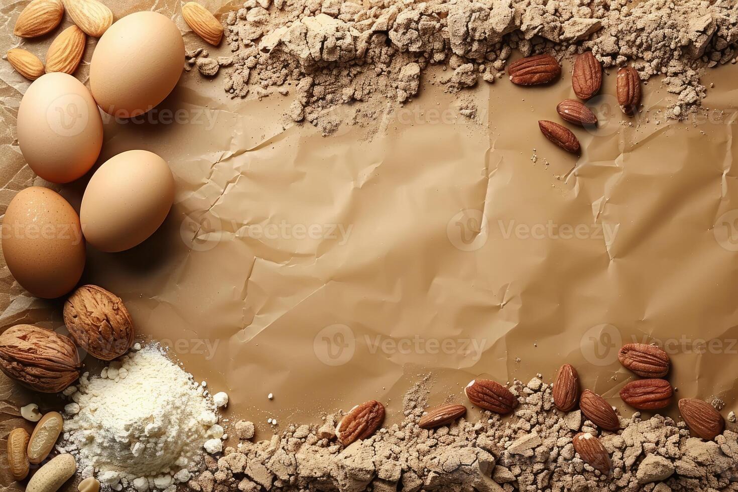 Protein powder eggs and nuts on a brown crumpled paper background photo