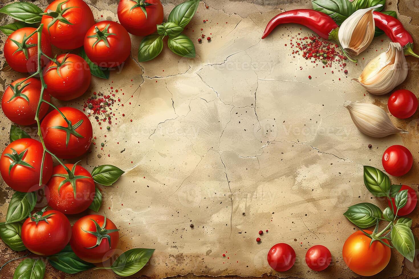 Rustic still life painting of tomatoes basil garlic and spices on a cracked table photo