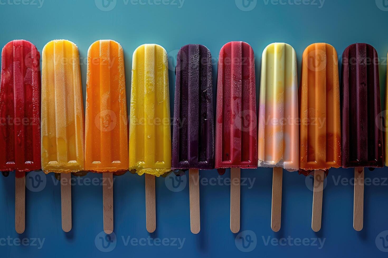 Popsicles in a row against a blue background photo
