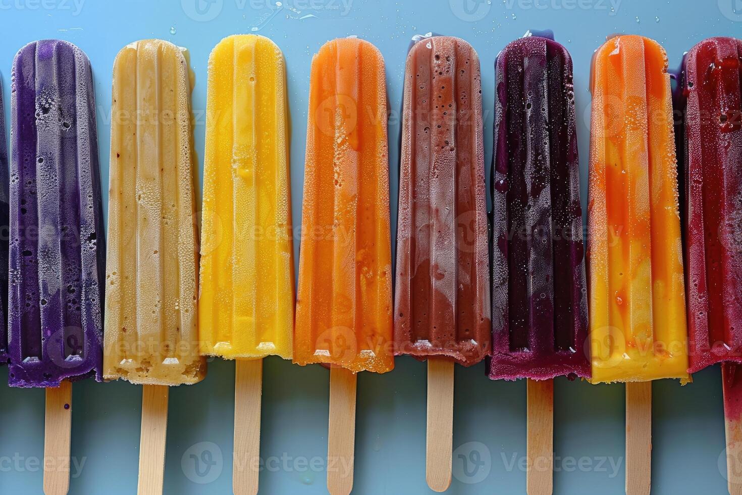Colorful popsicles in a row on a blue background photo