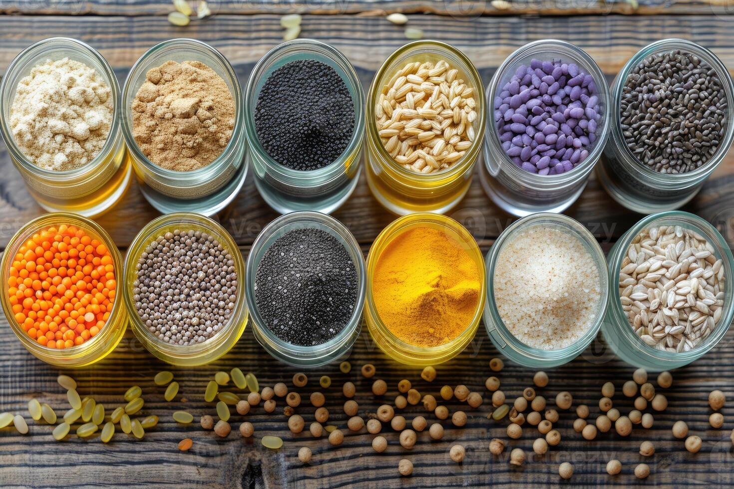 Various types of grains and seeds in glass jars on a wooden table photo