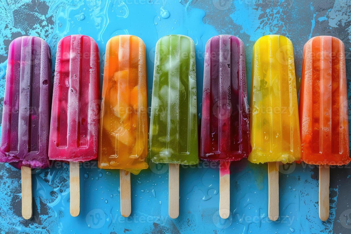 Colorful popsicles on a blue textured background photo