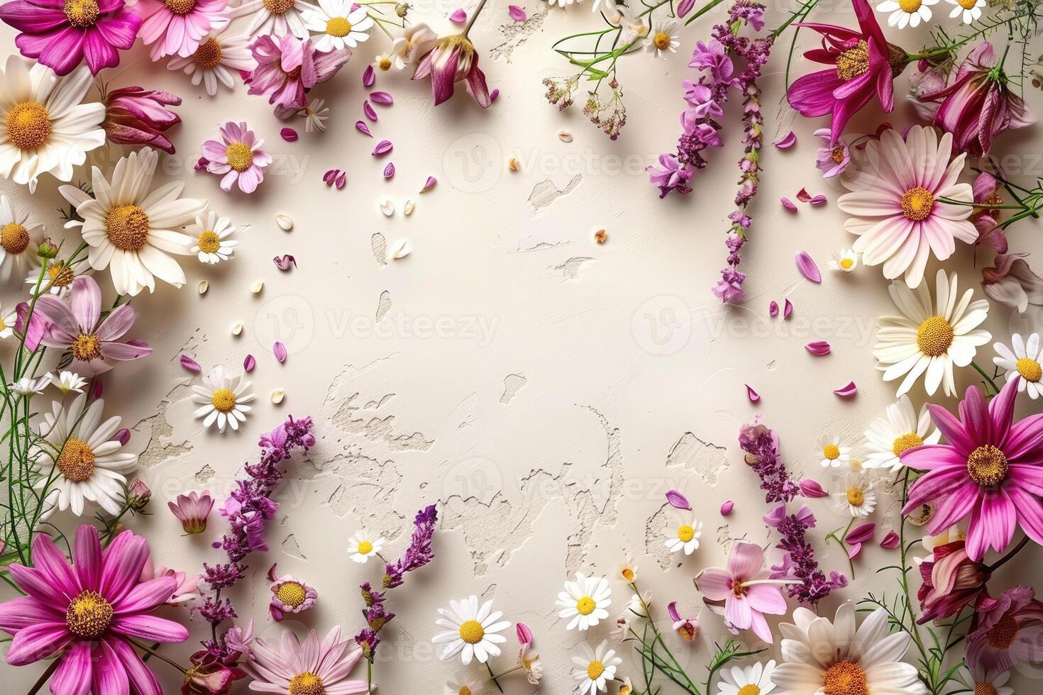 Beautiful floral background with a variety of colorful flowers and petals photo
