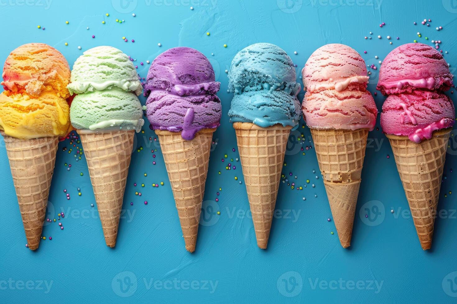 Colorful ice cream cones in a row on blue background photo