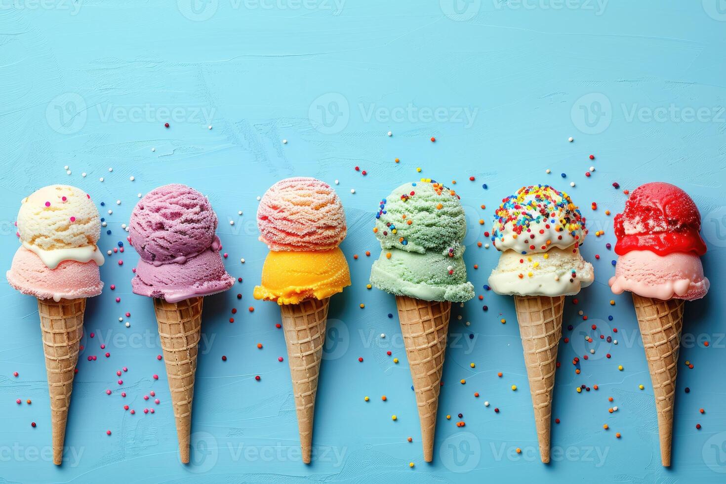 Colorful ice cream cones with sprinkles on blue background photo