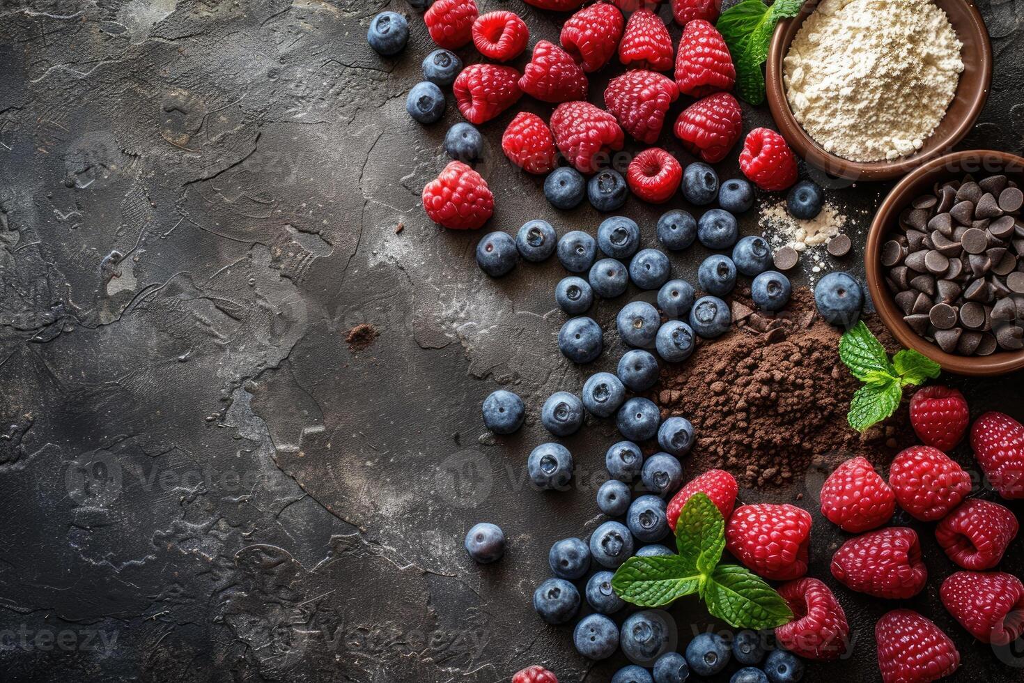 Blueberries and raspberries with cocoa powder and chocolate chips photo