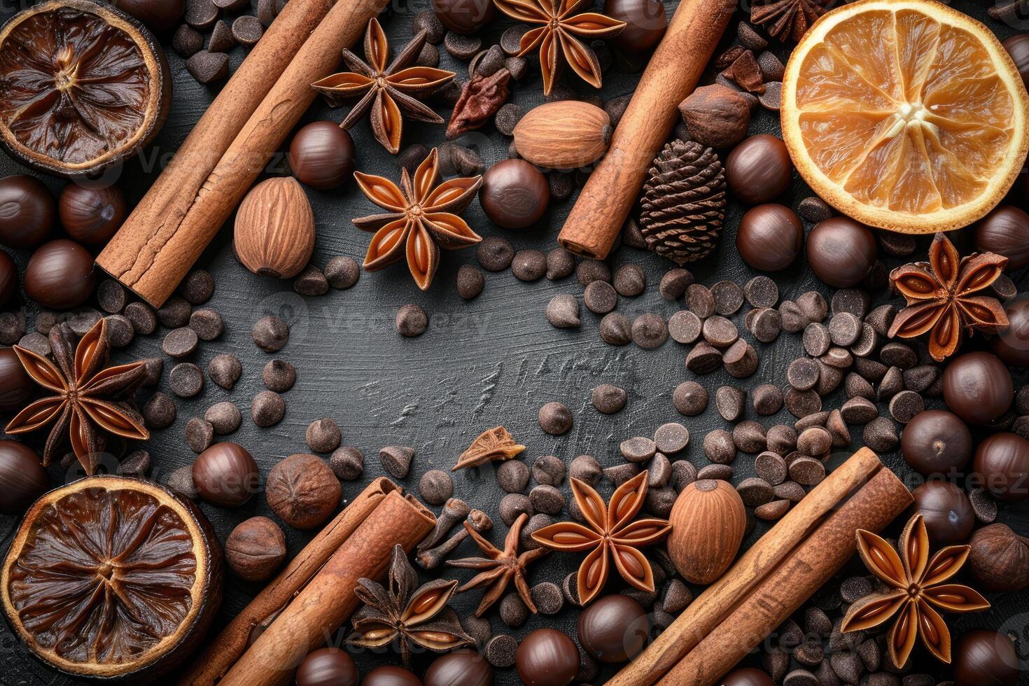 Scrumptious assortment of chocolate nuts spices and dried orange slices on a dark background photo