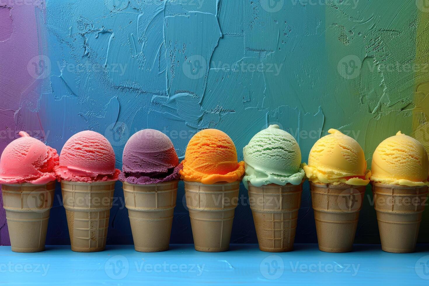 Rainbow of Ice Cream Cones Against Blue Background photo