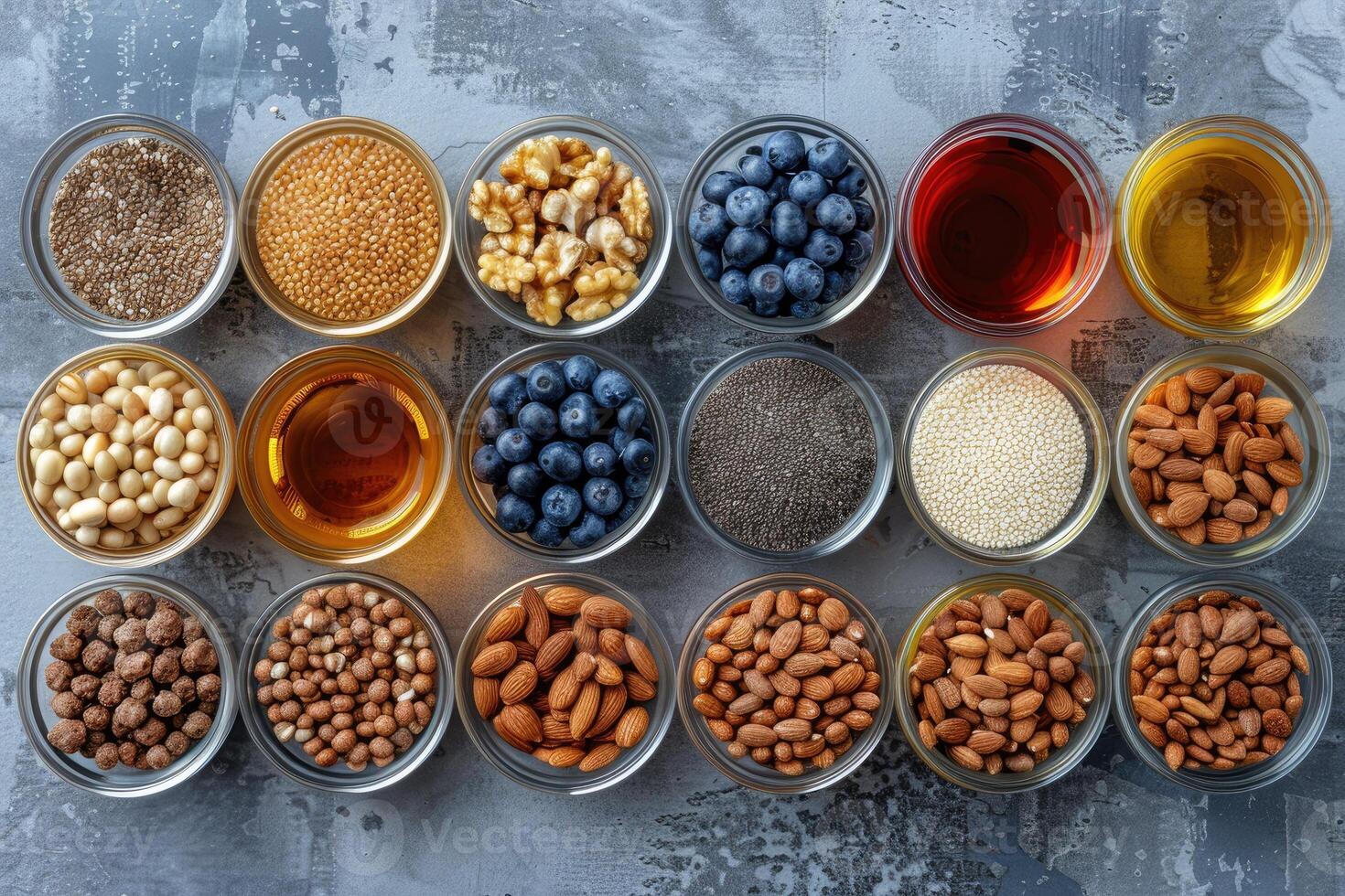Bowls of nuts seeds berries and oils on a solid gray stone surface photo