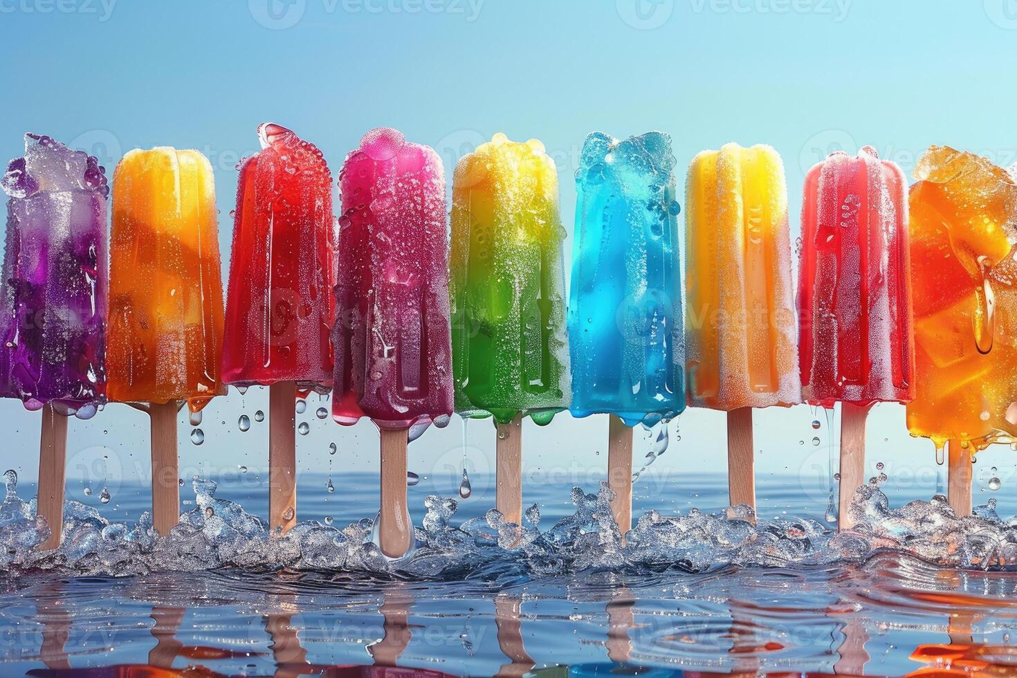 Rainbow of Popsicles Melting in Water with Blue Sky Background photo