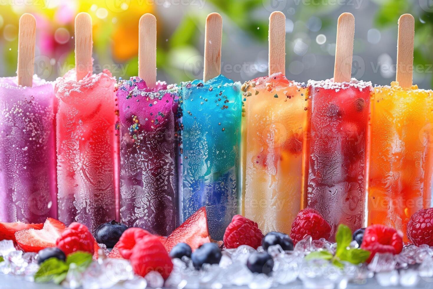 Frozen treats in rainbow of colors with fresh summer berries photo