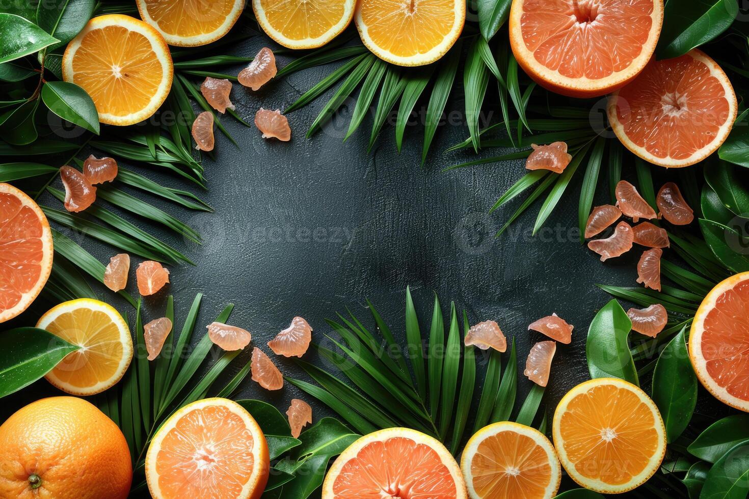 Vibrant citrus fruits and tropical leaves frame with dark background photo