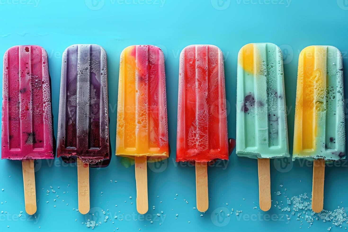 Colorful popsicles melting on blue background photo