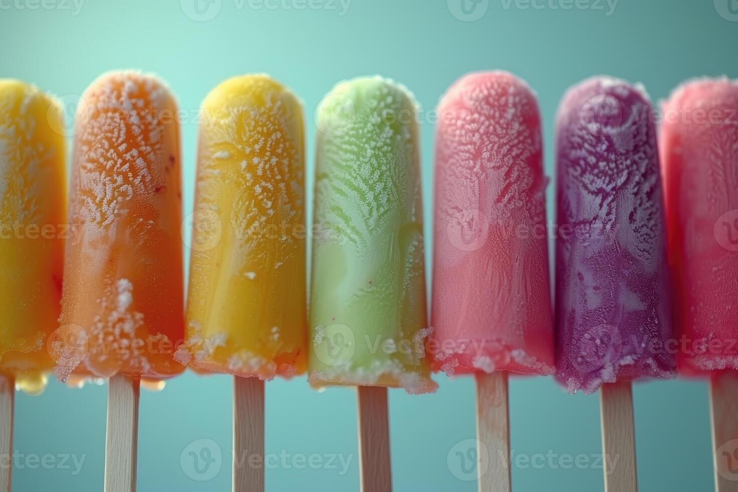 Closeup of a variety of colorful popsicles against a blue background photo
