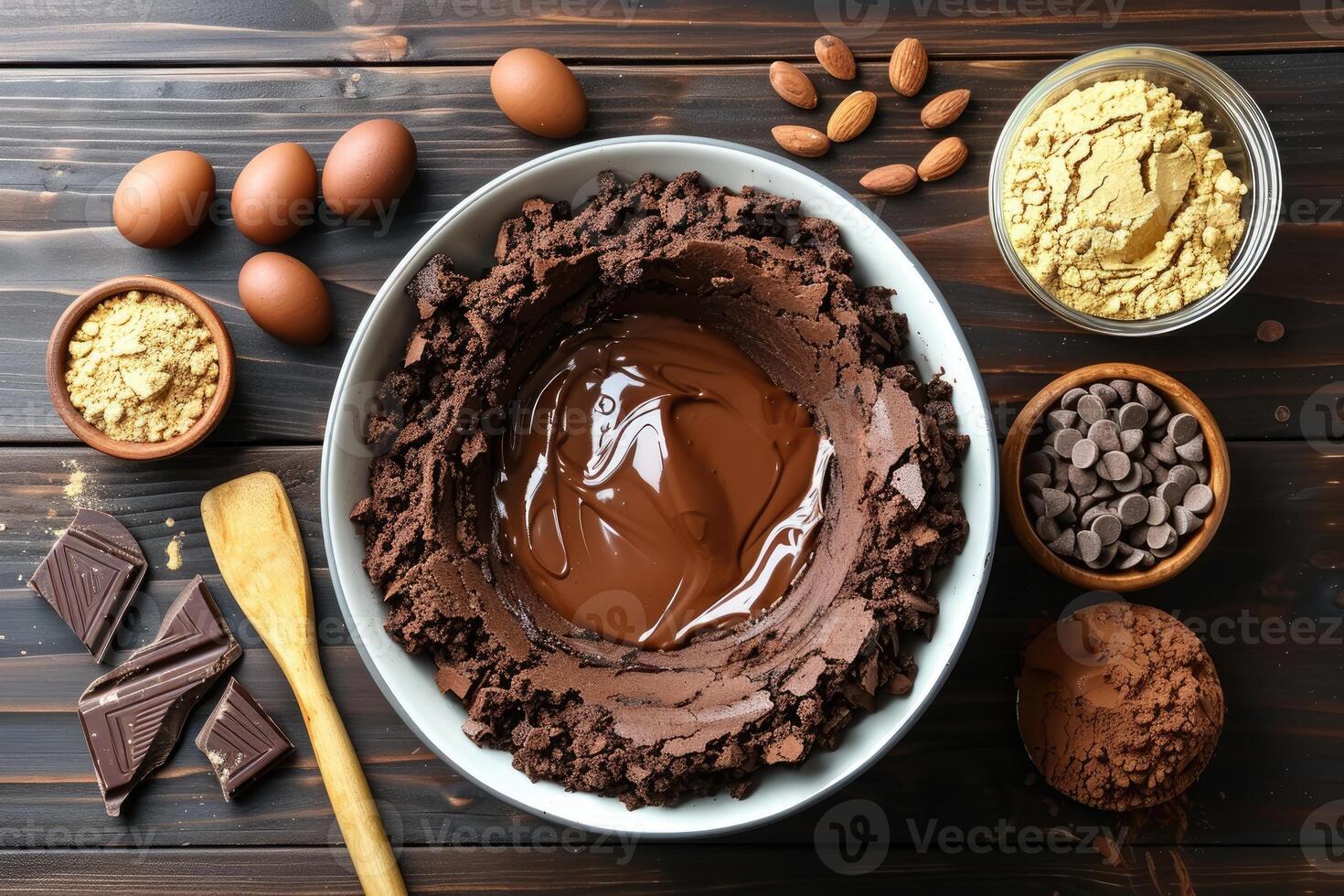 Preparing a delicious chocolate cake batter from scratch with cocoa powder eggs and chocolate chips photo