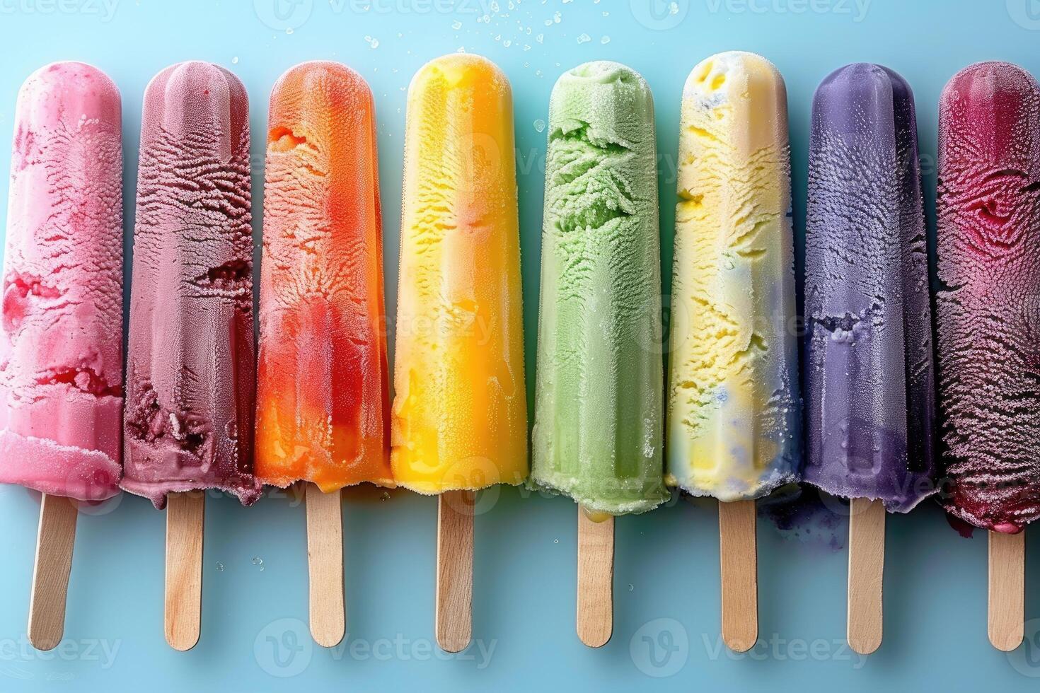 Rainbow of Frozen Juicy Popsicles on Blue Background photo